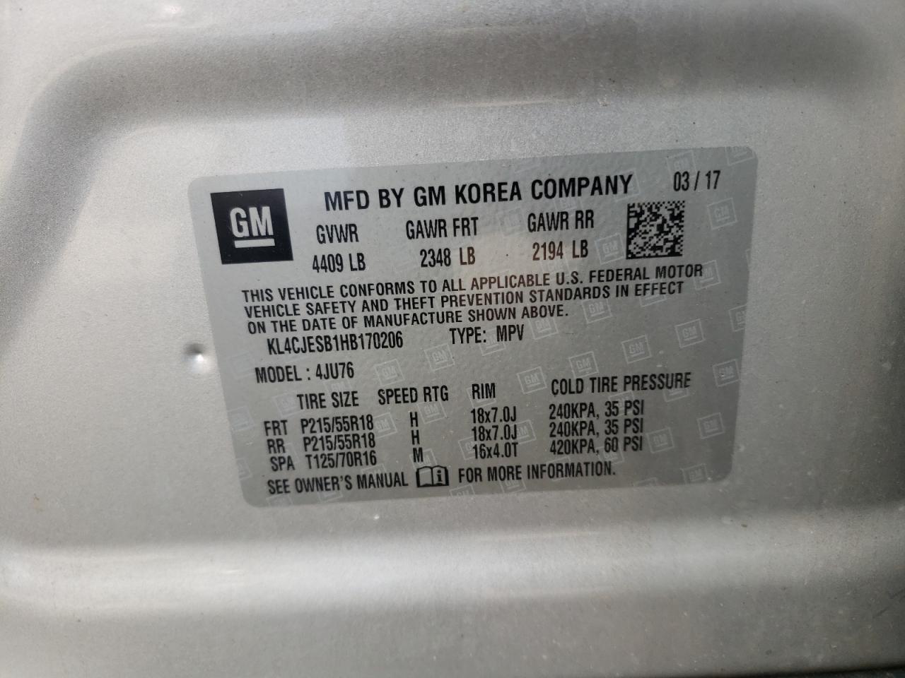 Photo 10 from auction – 2017 BUICK ENCORE PRE with VIN KL4CJESB1HB170206