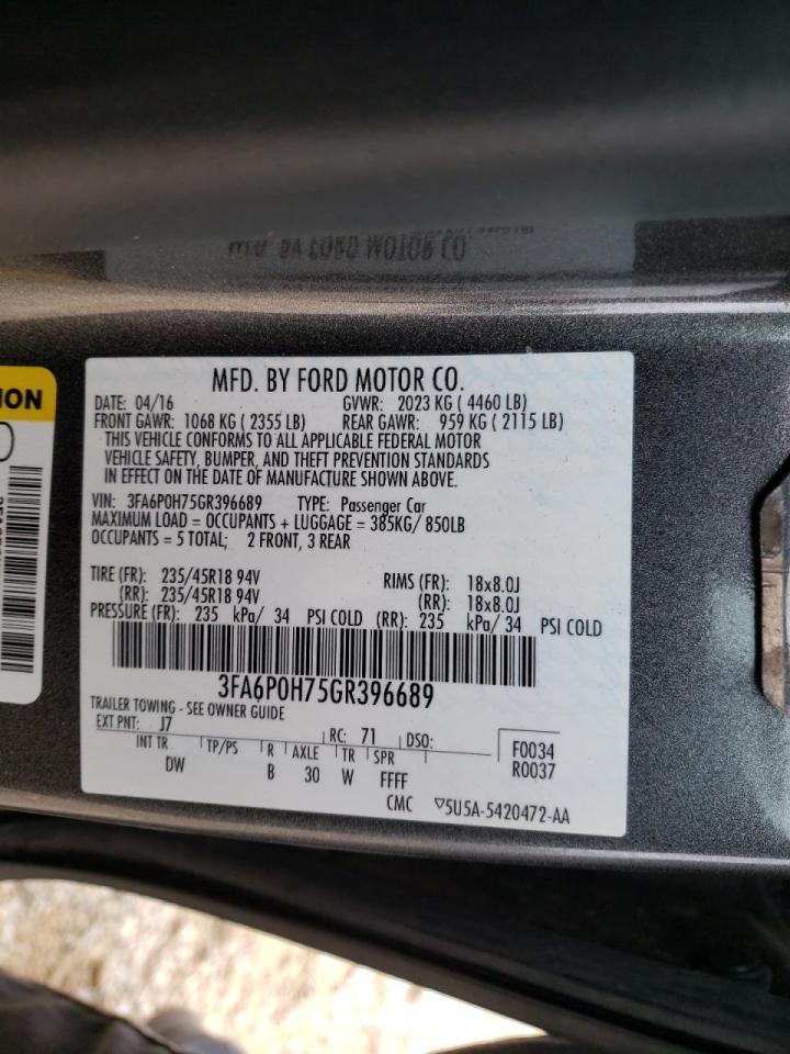 Photo 10 from auction – 2016 FORD FUSION SE with VIN 3FA6P0H75GR396689