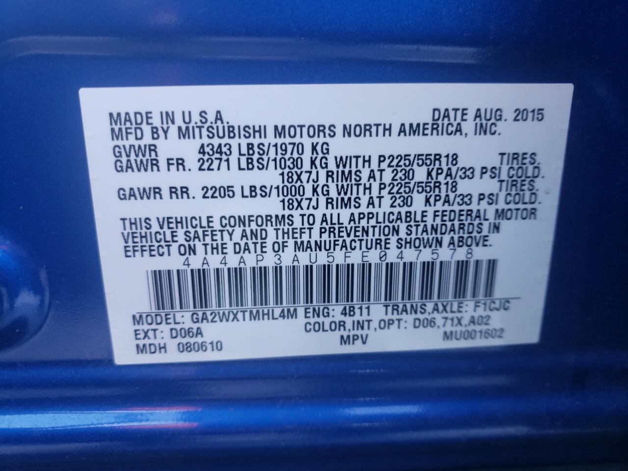 Photo 10 from auction – 2015 MITSUBISHI OUTLANDER with VIN 4A4AP3AU5FE047578