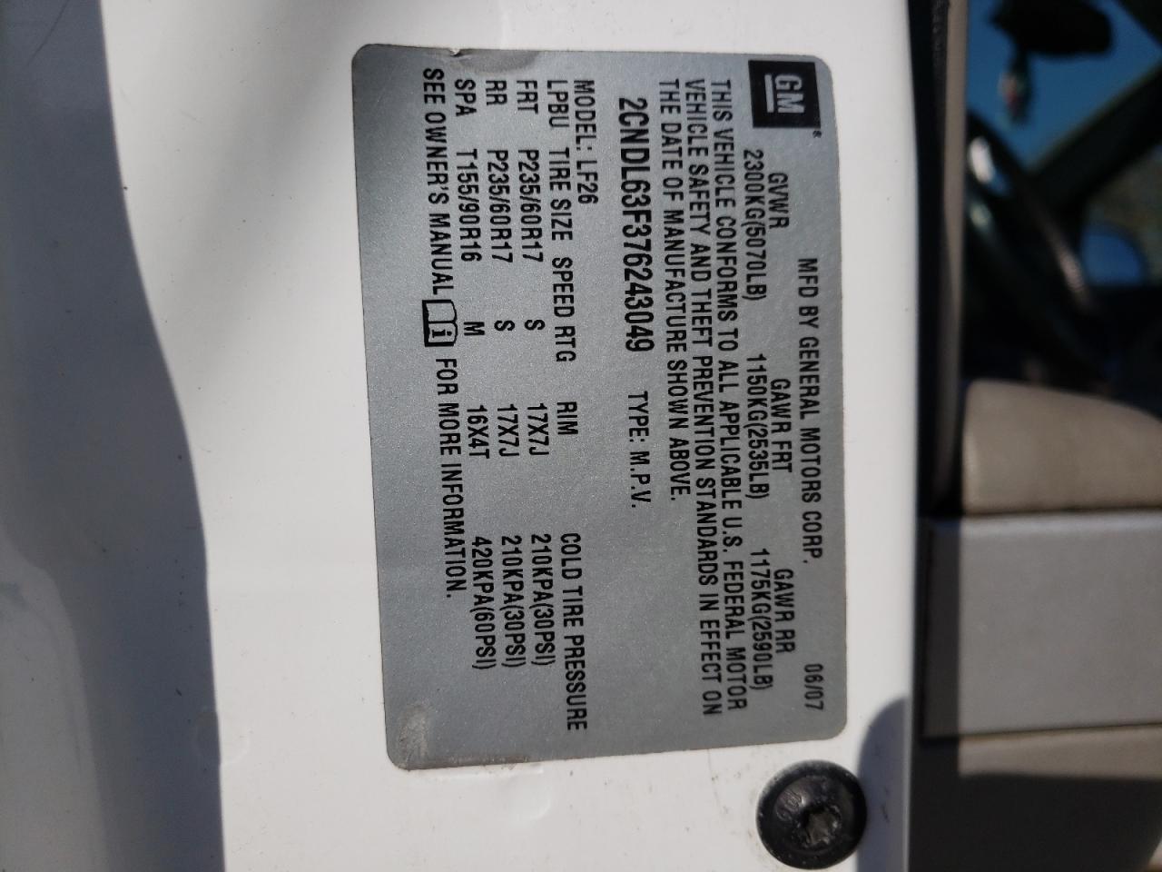 Photo 10 from auction – 2007 CHEVROLET EQUINOX LT with VIN 2CNDL63F376243049