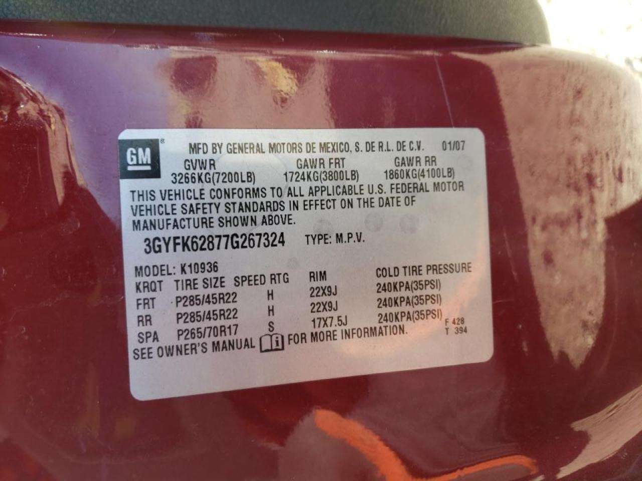 Photo 10 from auction – 2007 CADILLAC ESCALADE E with VIN 3GYFK62877G267324