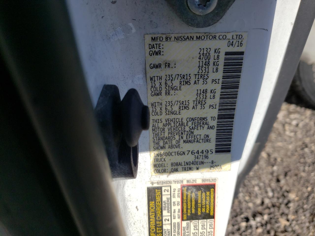 Photo 10 from auction – 2016 NISSAN FRONTIER S with VIN 1N6BD0CT6GN764495