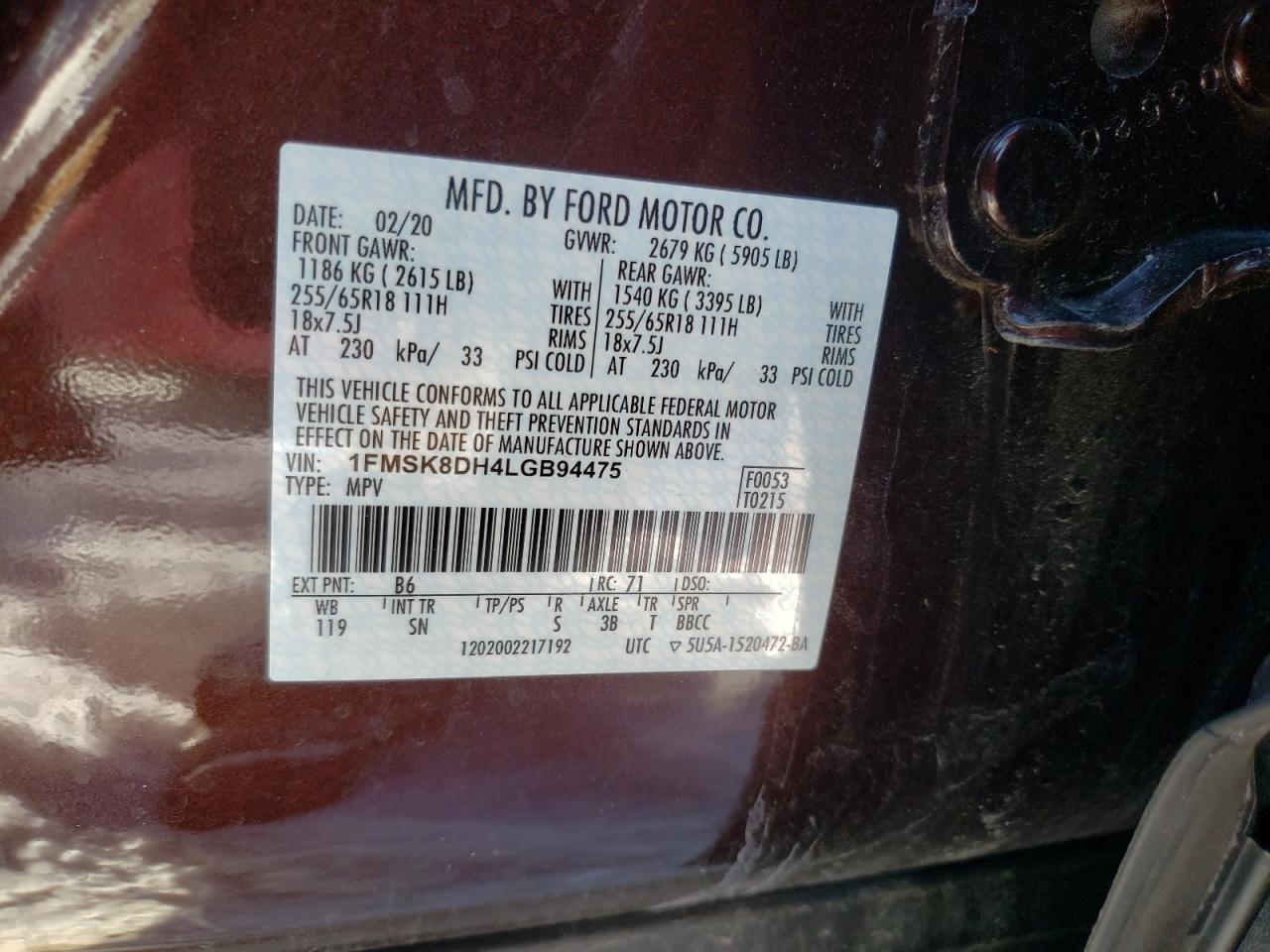 Photo 10 from auction – 2020 FORD EXPLORER X with VIN 1FMSK8DH4LGB94475