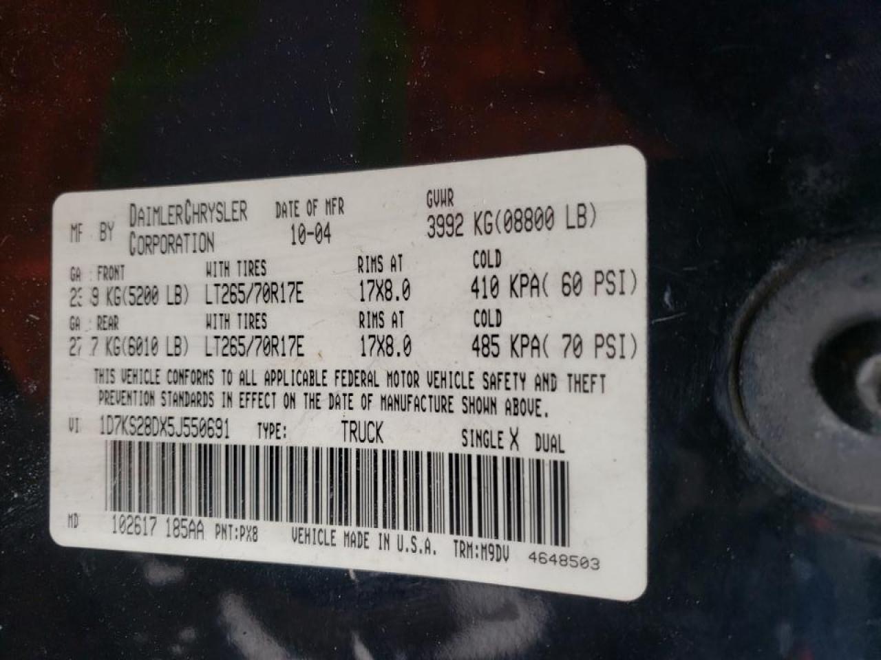 Photo 10 from auction – 2005 DODGE RAM 2500 S with VIN 1D7KS28DX5J550691