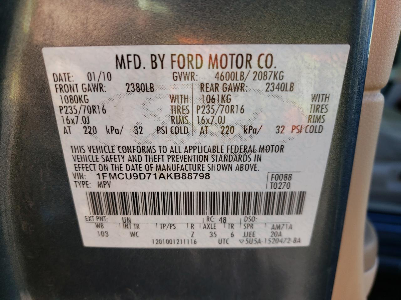 Photo 10 from auction – 2010 FORD ESCAPE XLT with VIN 1FMCU9D71AKB88798