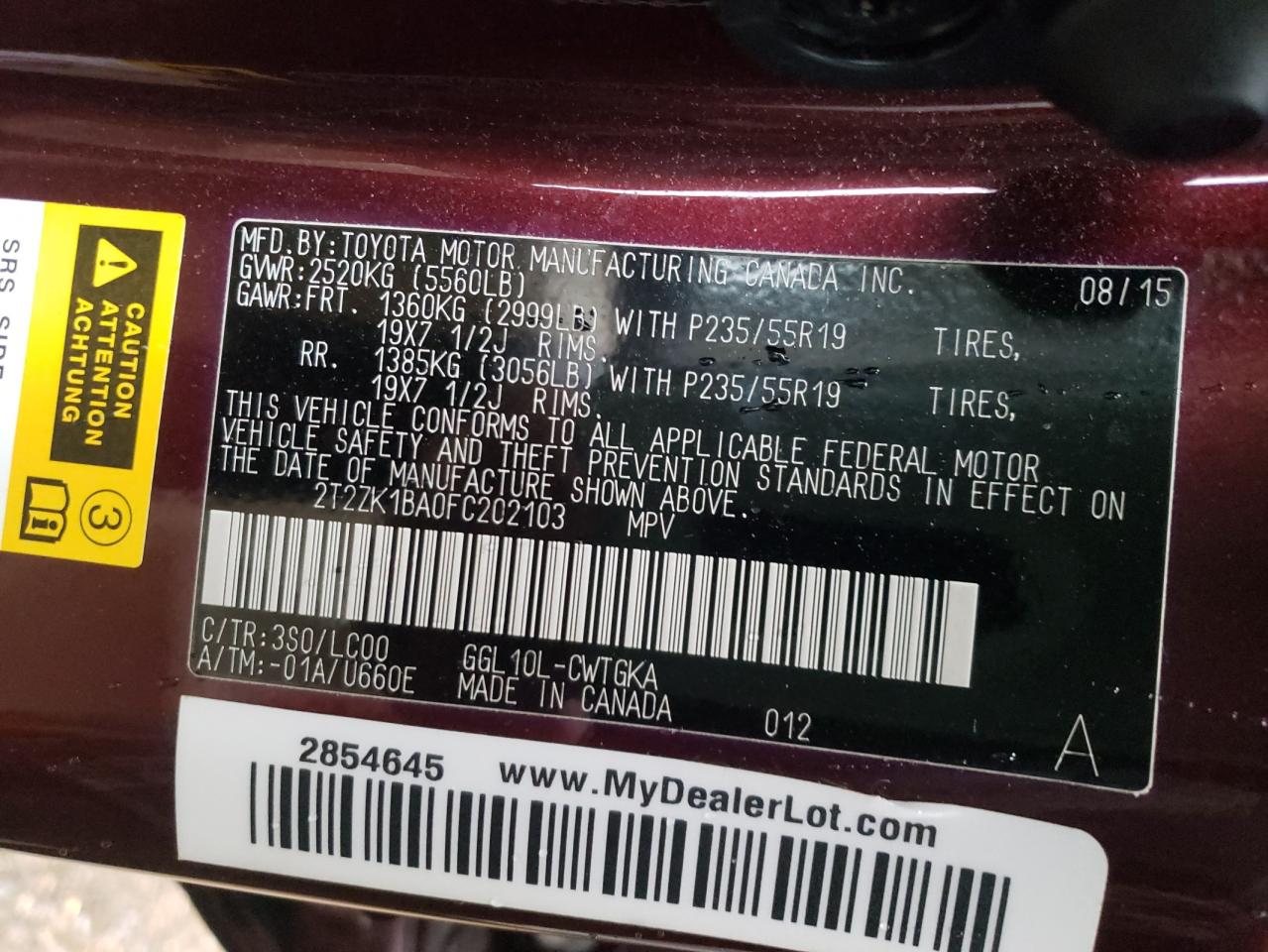 Photo 10 from auction – 2015 LEXUS RX 350 with VIN 2T2ZK1BA0FC202103