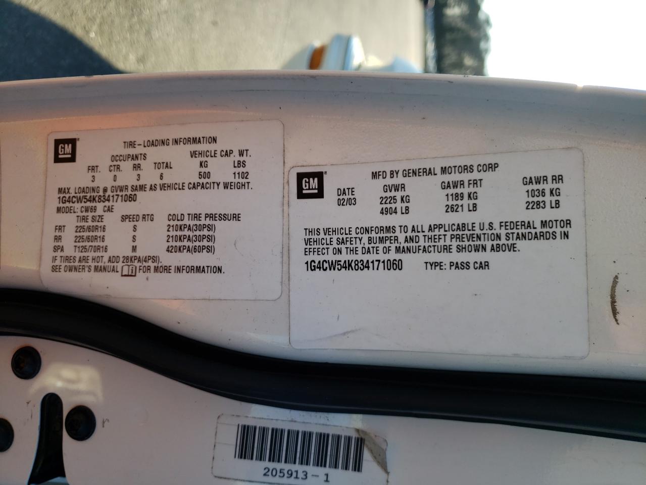 Photo 10 from auction – 2003 BUICK PARK AVENU with VIN 1G4CW54K834171060