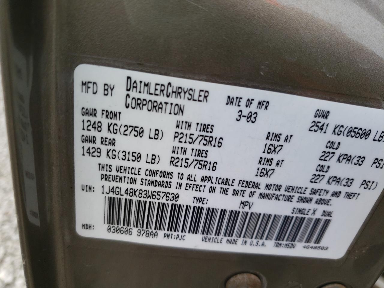 Photo 10 from auction – 2003 JEEP LIBERTY SP with VIN 1J4GL48K83W657630
