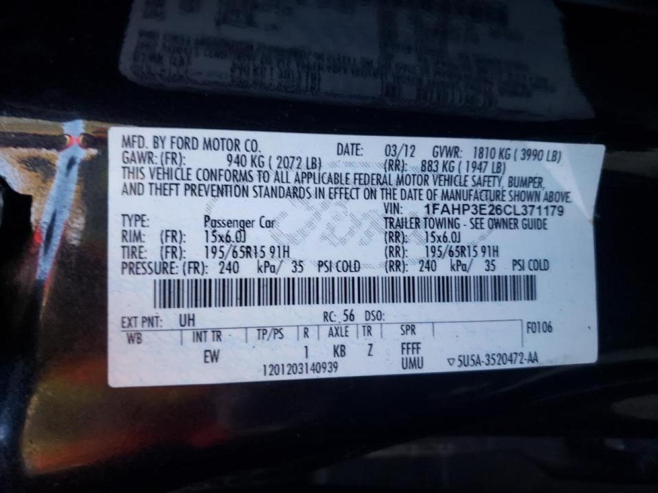 Photo 10 from auction – 2012 FORD FOCUS S with VIN 1FAHP3E26CL371179