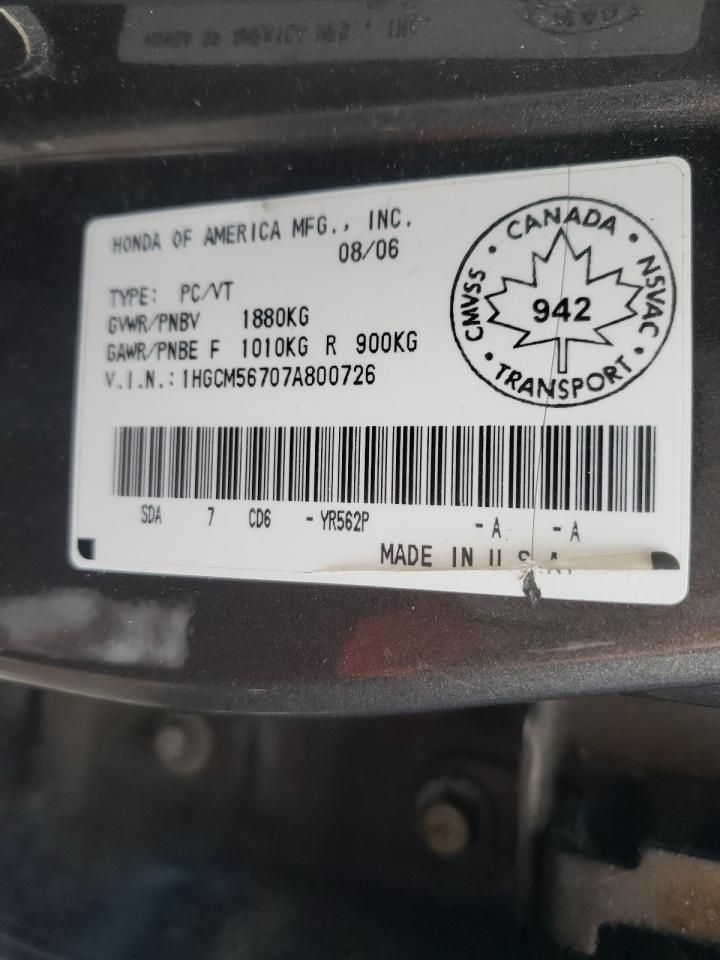 Photo 10 from auction – 2007 HONDA ACCORD EX with VIN 1HGCM56707A800726