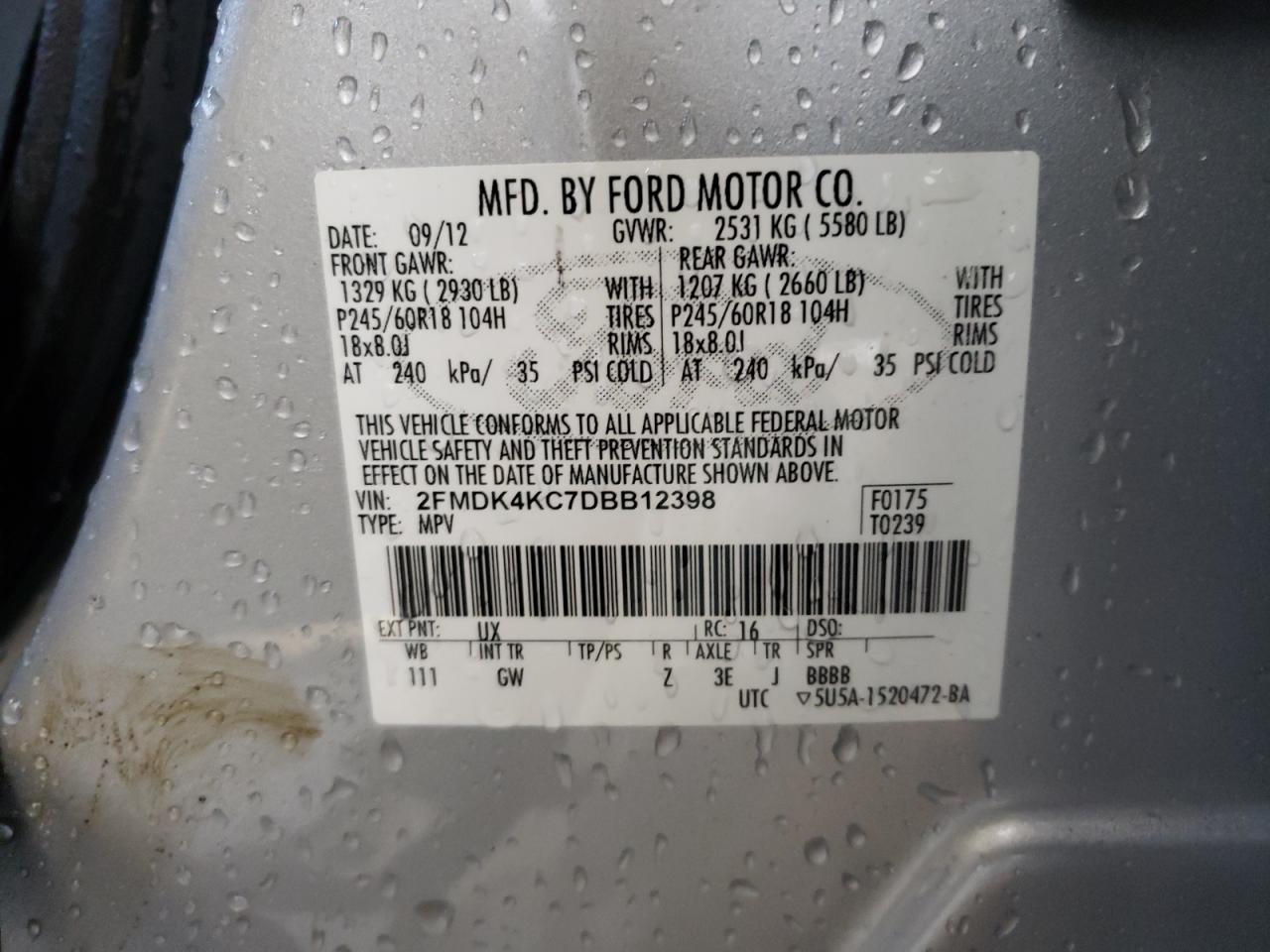 Photo 10 from auction – 2013 FORD EDGE LIMIT with VIN 2FMDK4KC7DBB12398