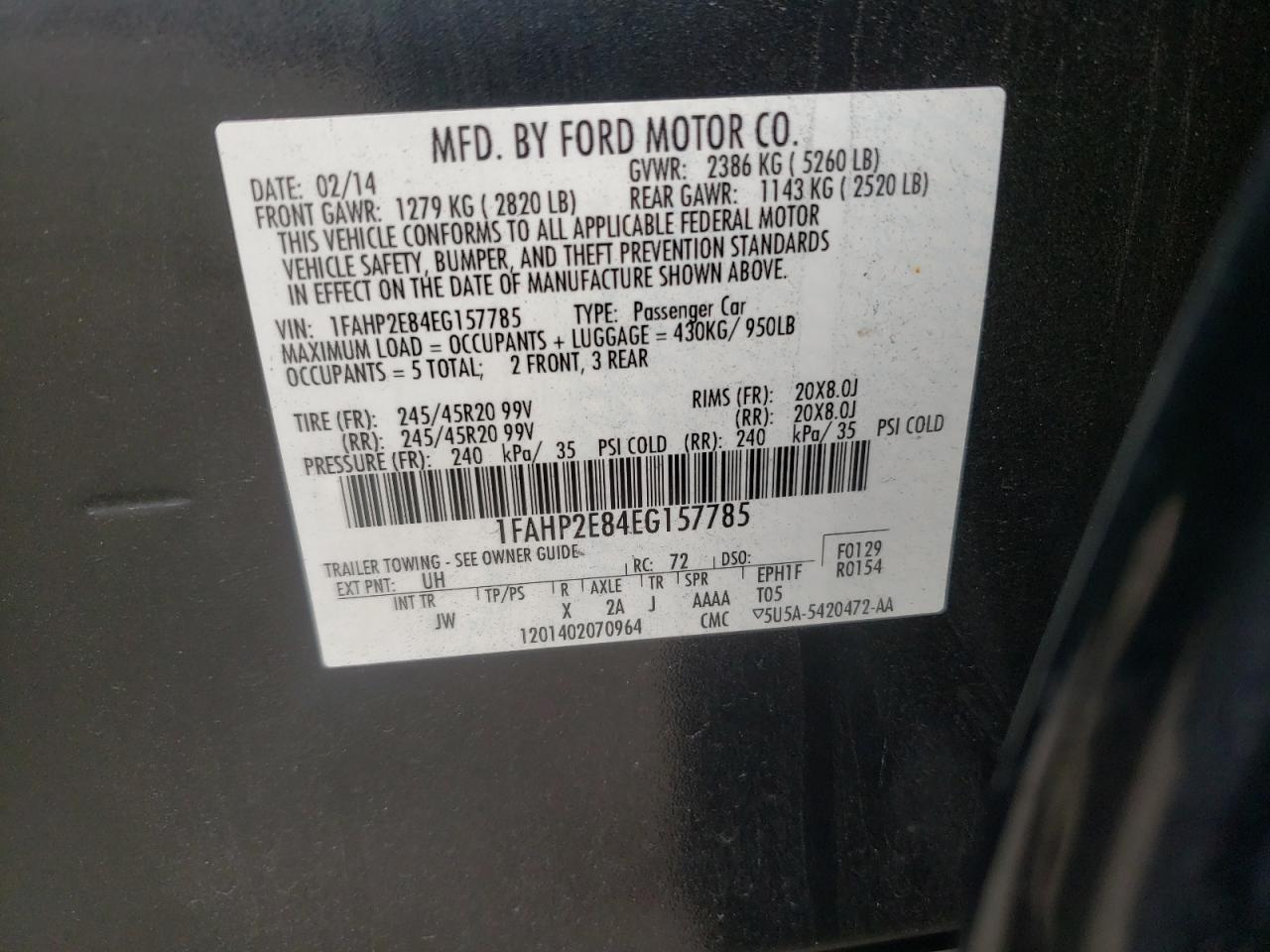 Photo 10 from auction – 2014 FORD TAURUS SEL with VIN 1FAHP2E84EG157785