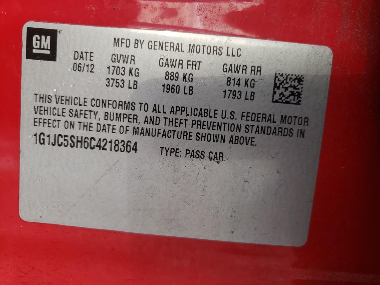 Photo 10 from auction – 2012 CHEVROLET SONIC LT with VIN 1G1JC5SH6C4218364