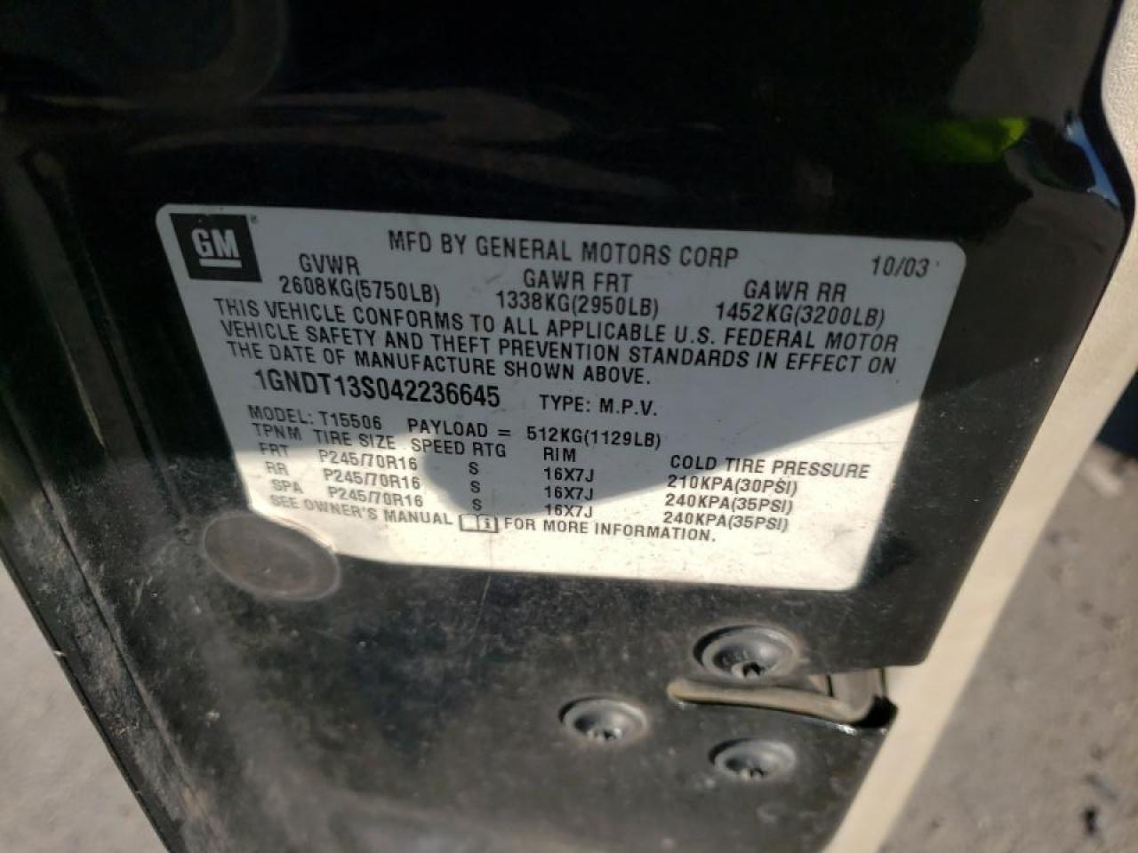 Photo 10 from auction – 2004 CHEVROLET TRAILBLAZE with VIN 1GNDT13S042236645