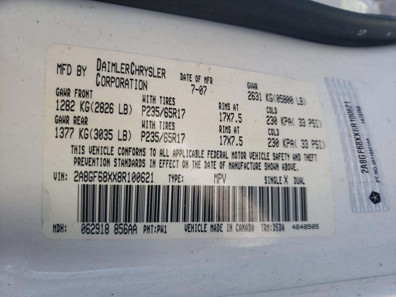 Photo 10 from auction – 2008 CHRYSLER PACIFICA T with VIN 2A8GF68XX8R100621