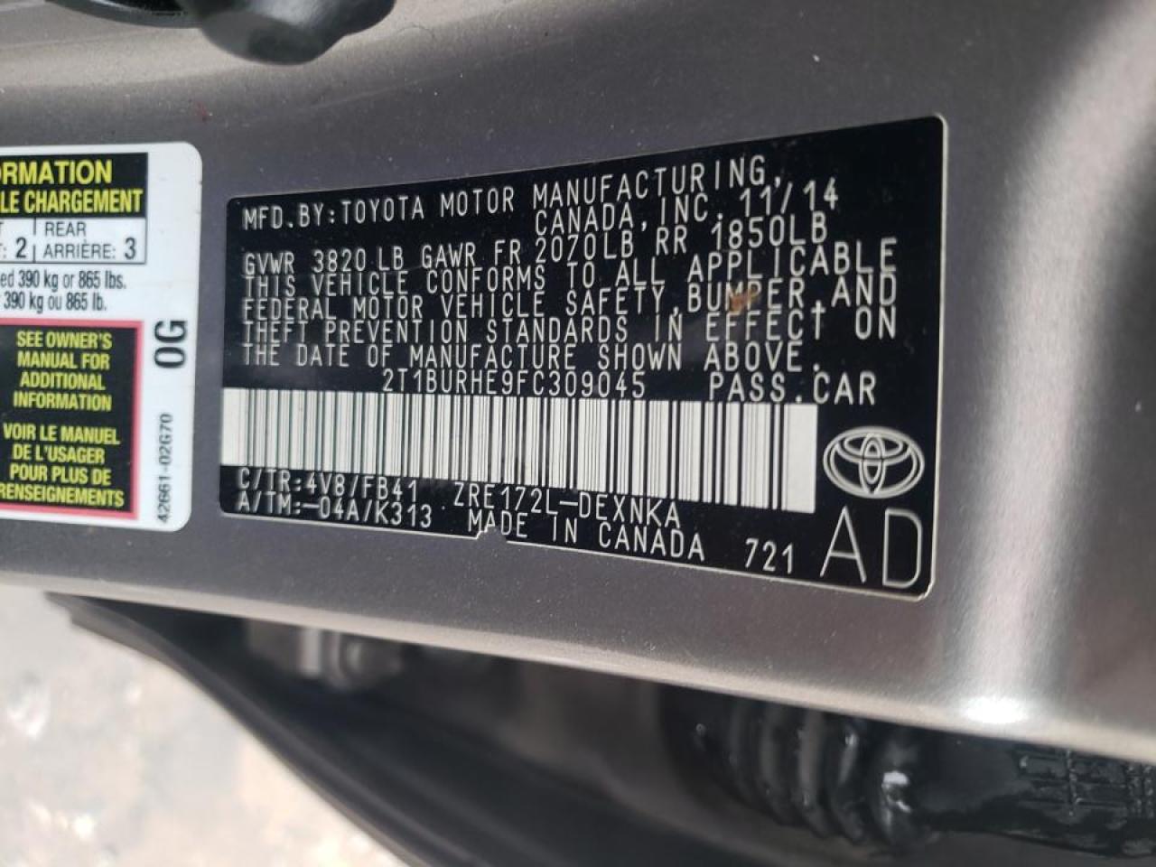Photo 10 from auction – 2015 TOYOTA COROLLA L with VIN 2T1BURHE9FC309045