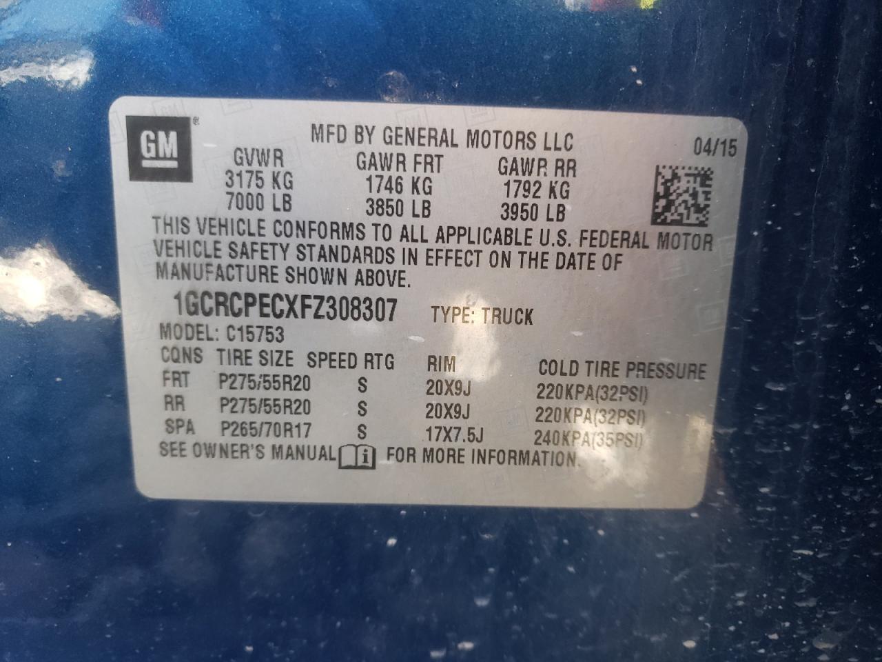 Photo 10 from auction – 2015 CHEVROLET SILVERADO with VIN 1GCRCPECXFZ308307