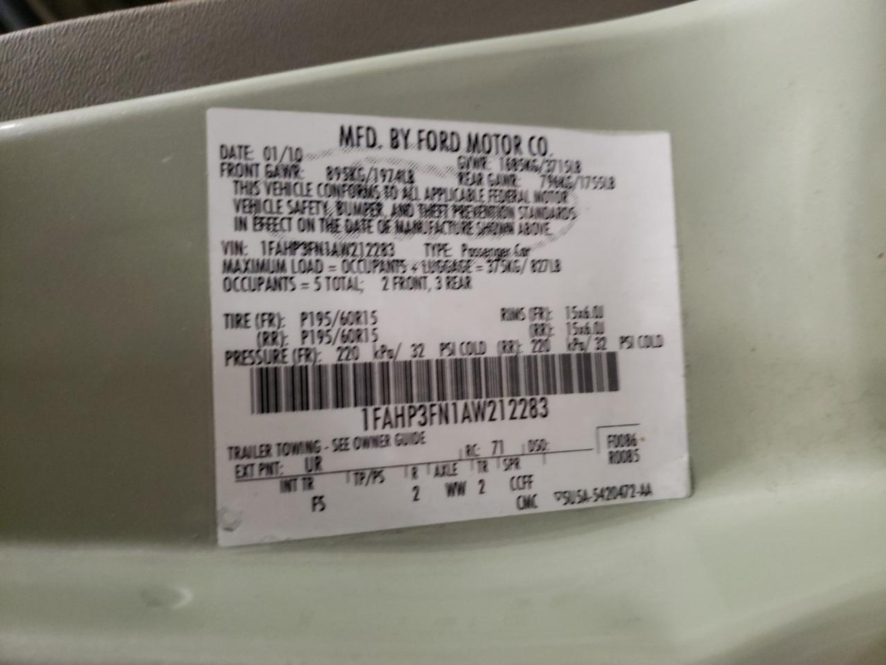 Photo 10 from auction – 2010 FORD FOCUS SE with VIN 1FAHP3FN1AW212283