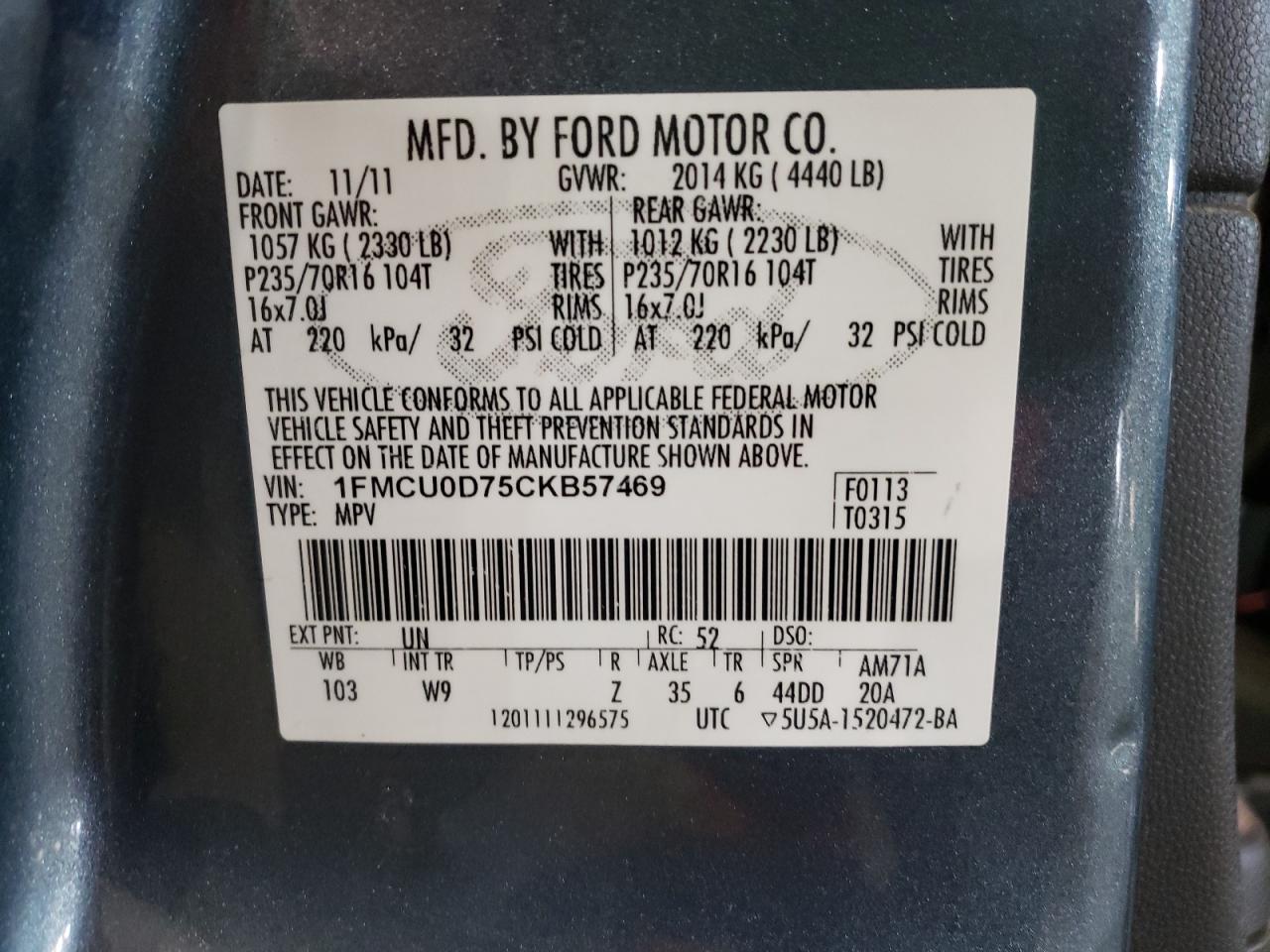 Фото 10 с аукциона – 2012 FORD ESCAPE XLT с VIN 1FMCU0D75CKB57469