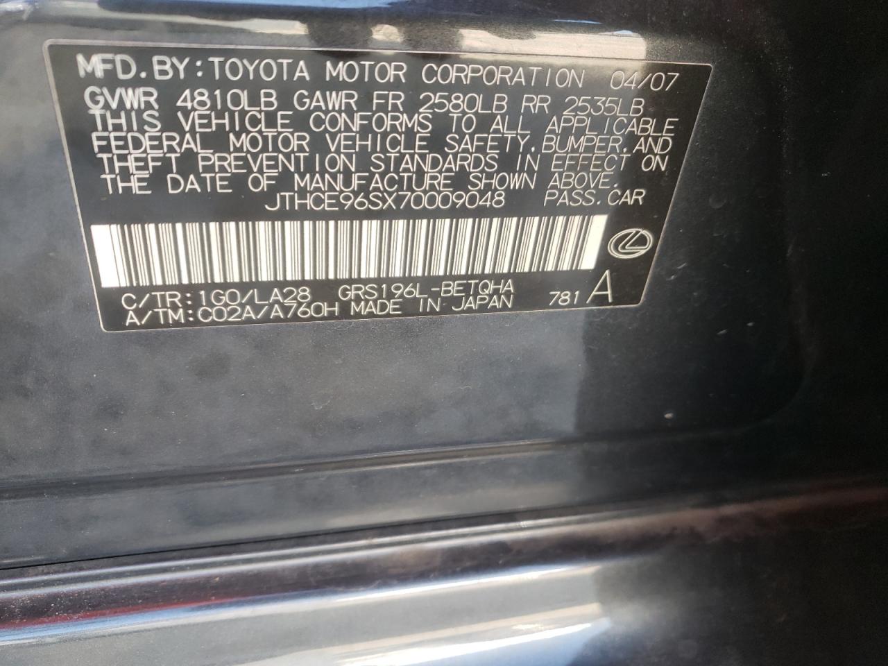 Photo 10 from auction – 2007 LEXUS GS 350 with VIN JTHCE96SX70009048