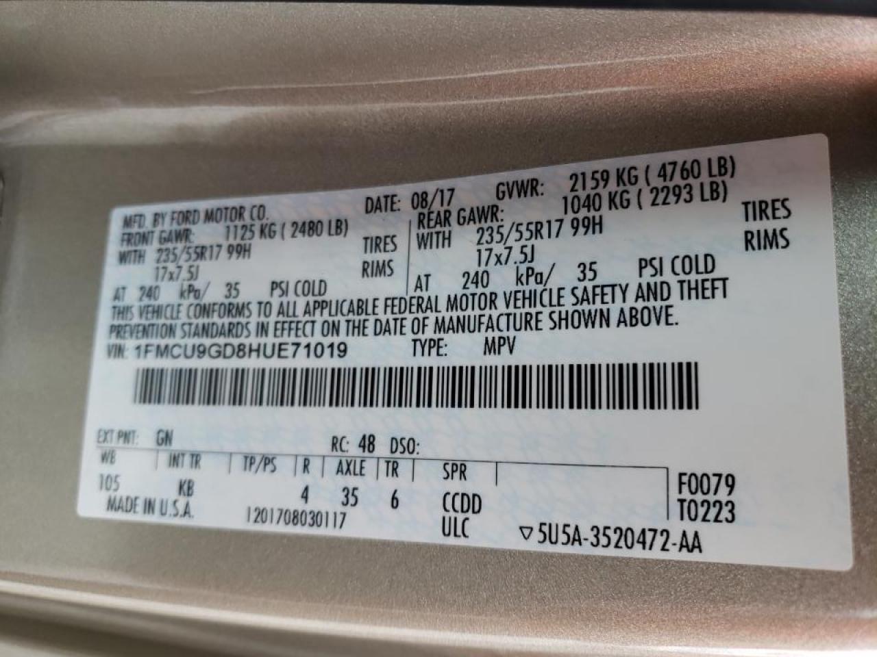 Photo 10 from auction – 2017 FORD ESCAPE SE with VIN 1FMCU9GD8HUE71019