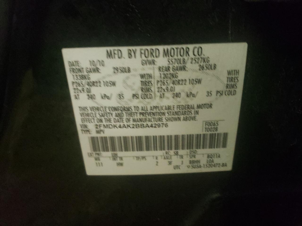 Photo 10 from auction – 2011 FORD EDGE SPORT with VIN 2FMDK4AK2BBA42976