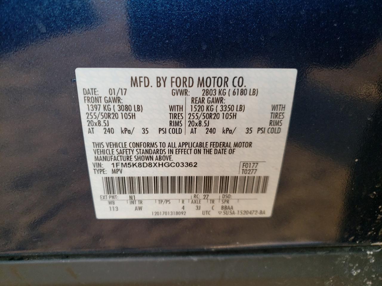 Photo 10 from auction – 2017 FORD EXPLORER X with VIN 1FM5K8D8XHGC03362