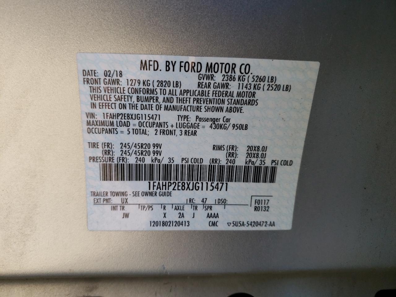 Photo 10 from auction – 2018 FORD TAURUS SEL with VIN 1FAHP2E8XJG115471