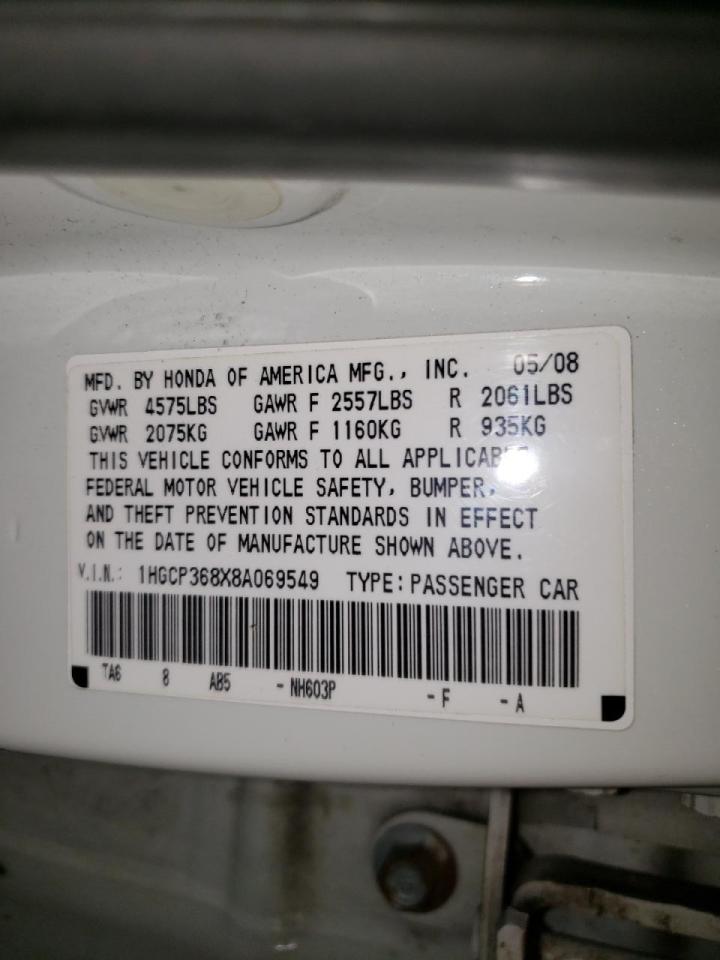 Photo 10 from auction – 2008 HONDA ACCORD EXL with VIN 1HGCP368X8A069549