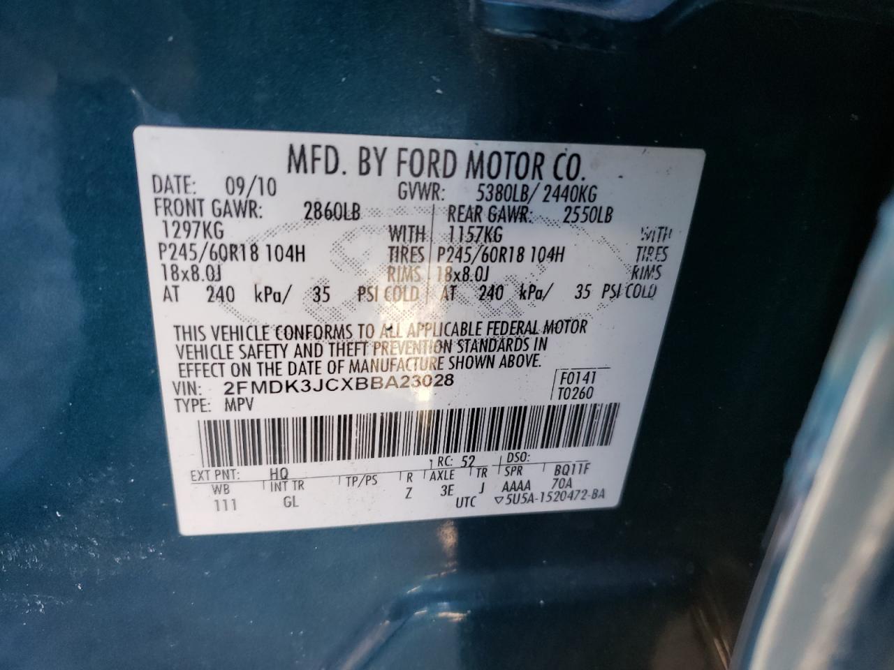 Photo 10 from auction – 2011 FORD EDGE with VIN 2FMDK3JCXBBA23028