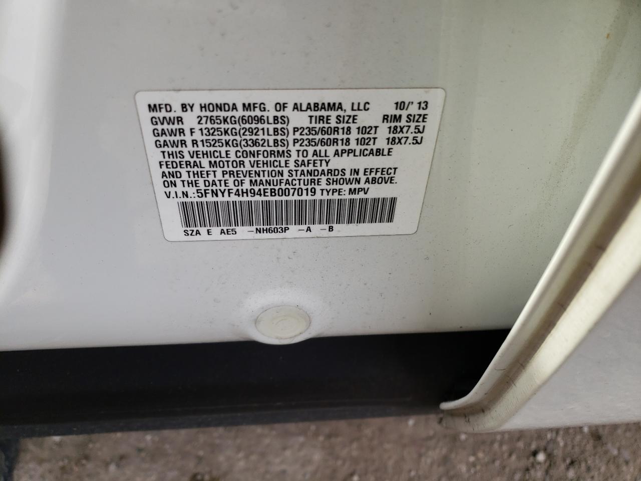 Photo 10 from auction – 2014 HONDA PILOT TOUR with VIN 5FNYF4H94EB007019