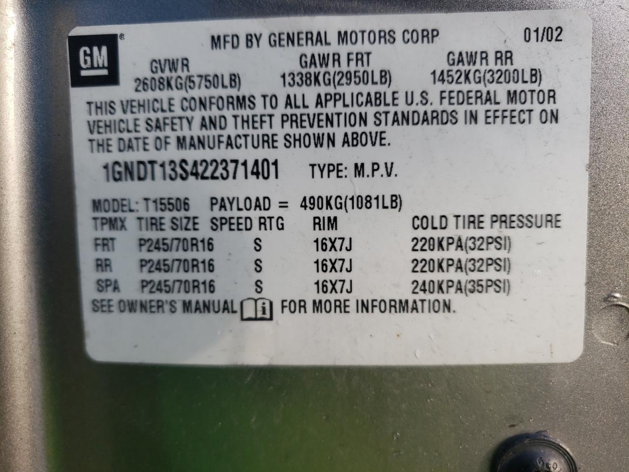Photo 10 from auction – 2002 CHEVROLET TRAILBLAZE with VIN 1GNDT13S422371401