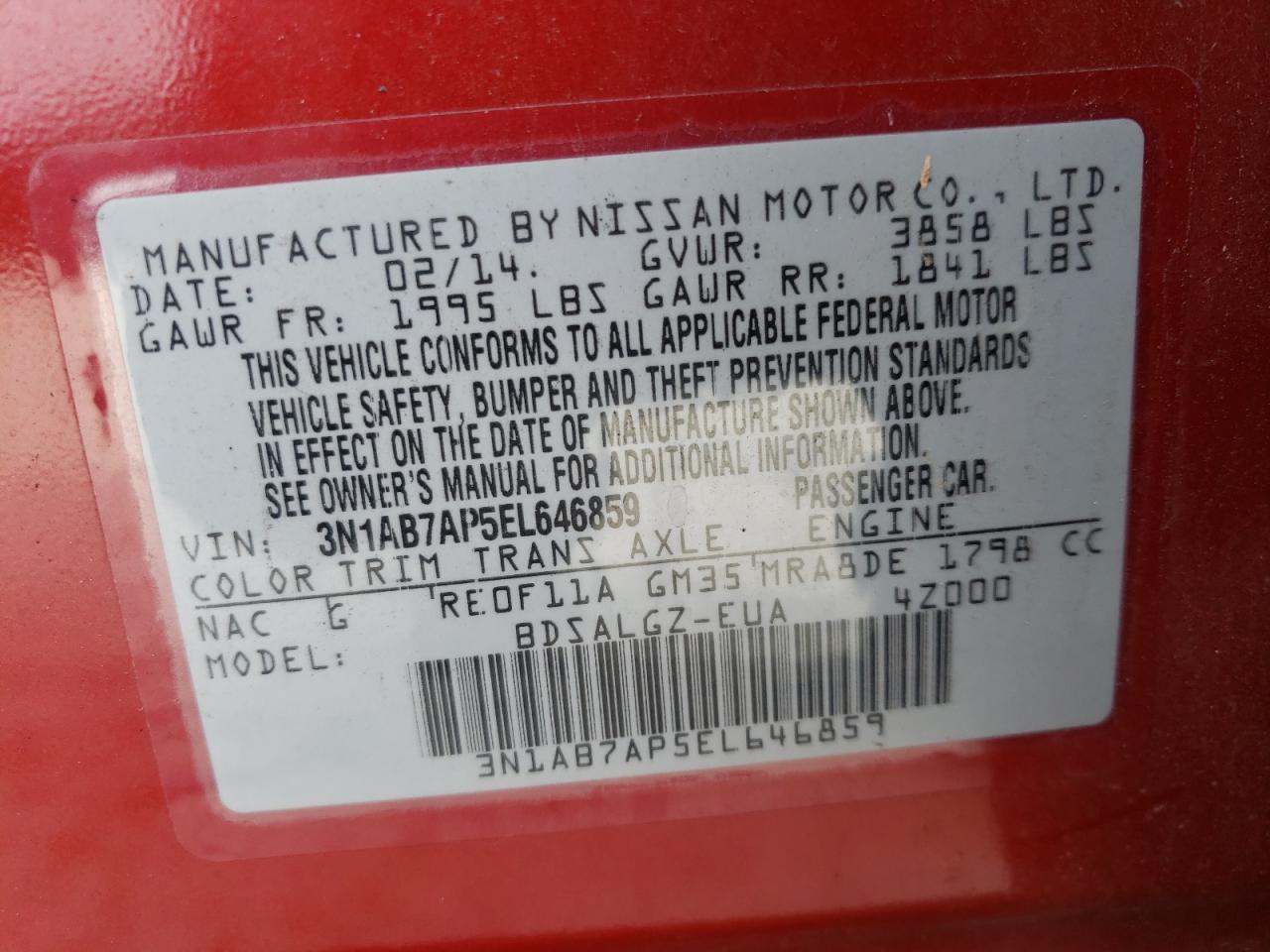 Photo 10 from auction – 2014 NISSAN SENTRA S with VIN 3N1AB7AP5EL646859