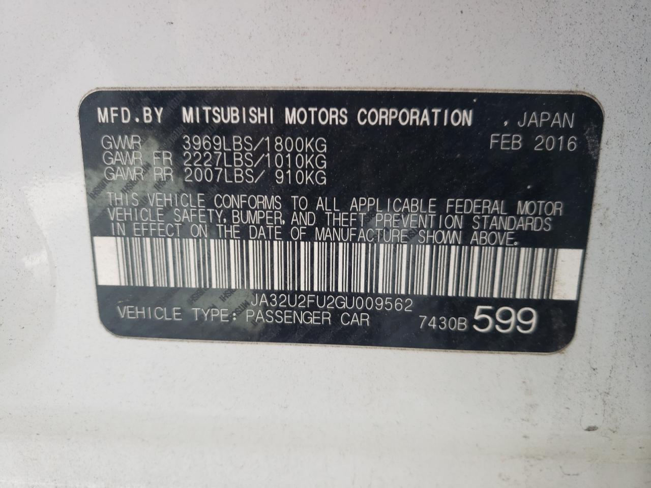Photo 10 from auction – 2016 MITSUBISHI LANCER ES with VIN JA32U2FU2GU009562