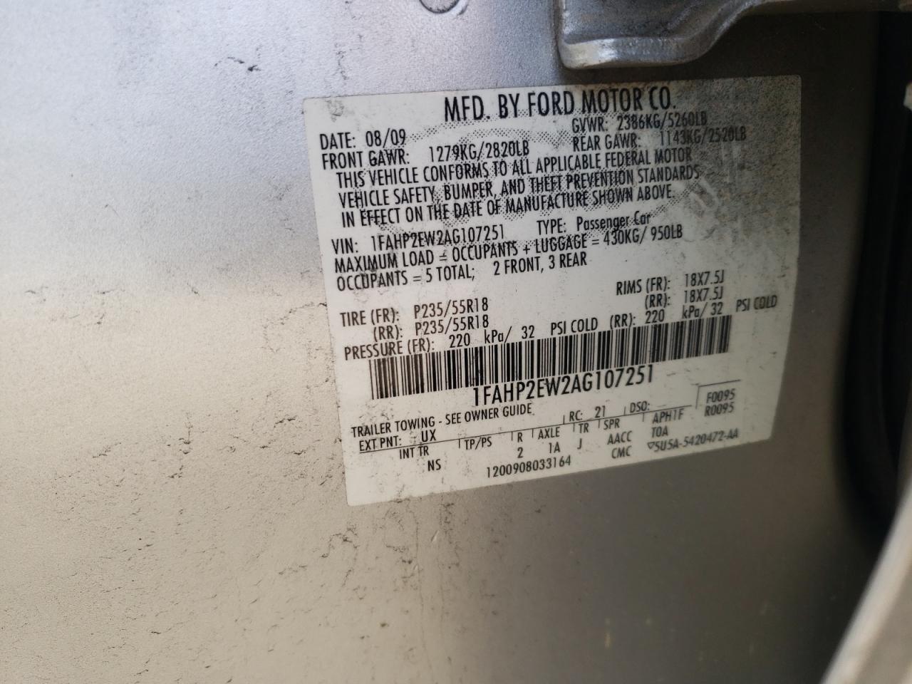 Photo 10 from auction – 2010 FORD TAURUS SEL with VIN 1FAHP2EW2AG107251
