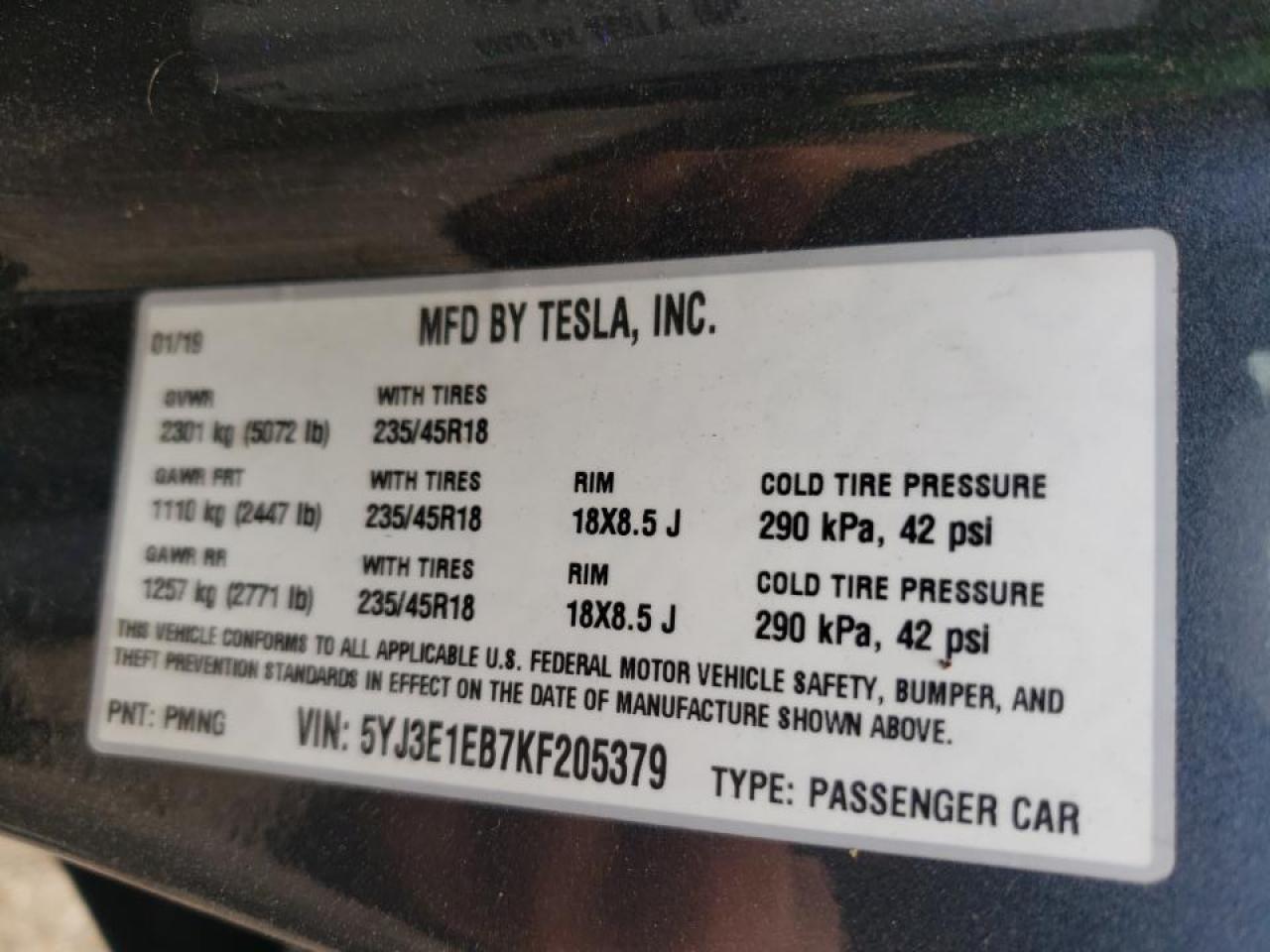 Photo 10 from auction – 2019 TESLA MODEL 3 with VIN 5YJ3E1EB7KF205379