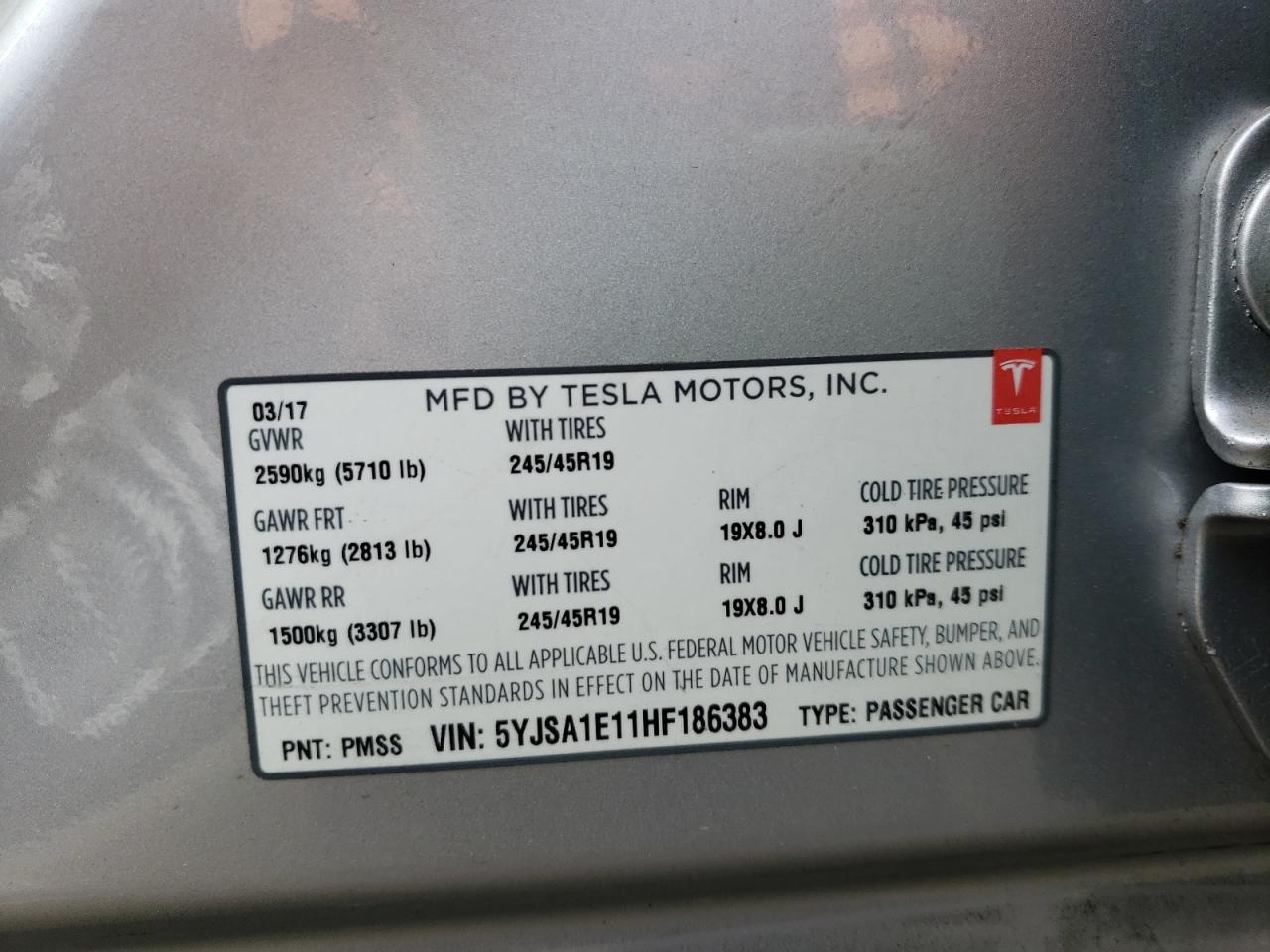 Photo 10 from auction – 2017 TESLA MODEL S with VIN 5YJSA1E11HF186383