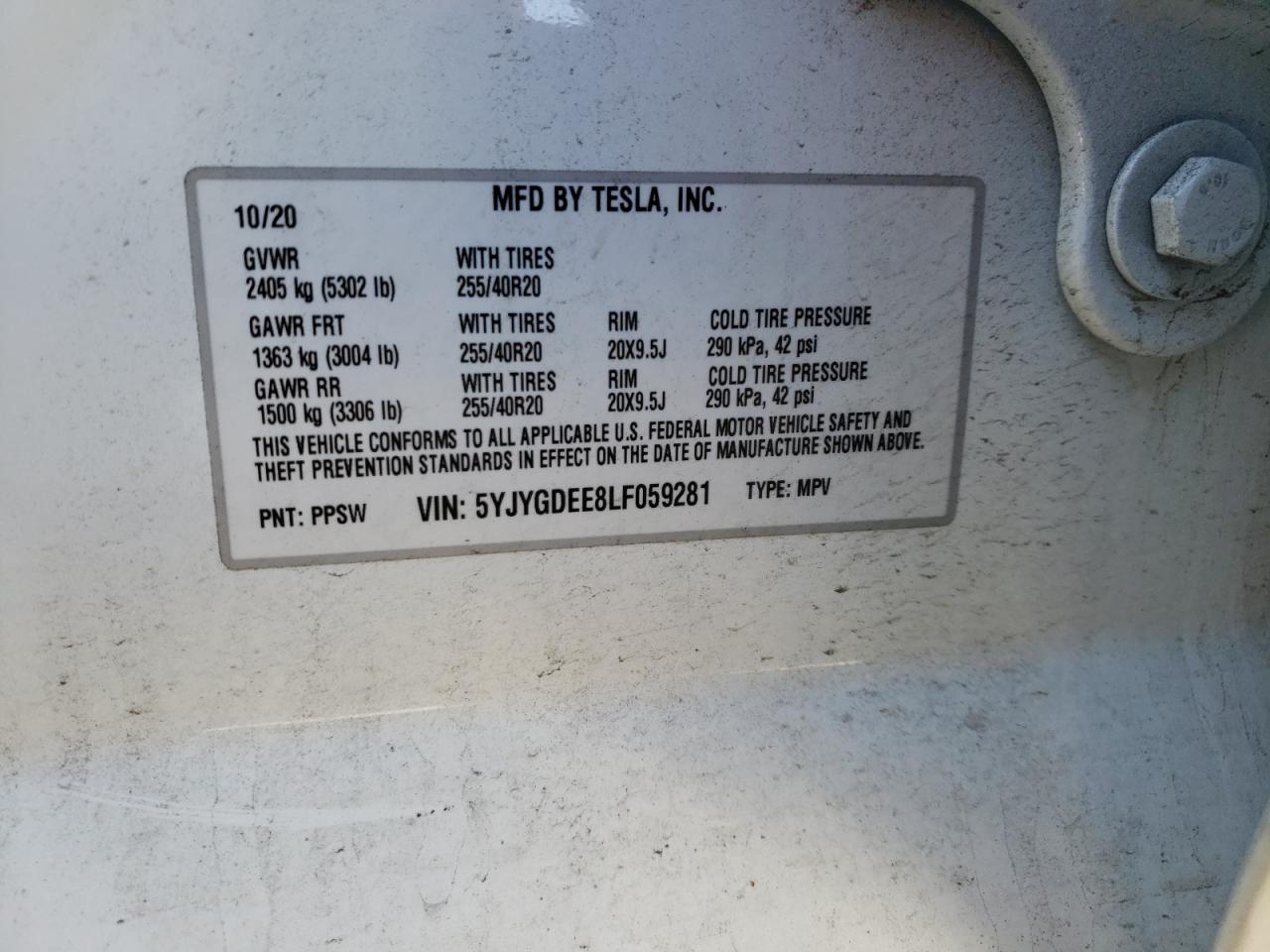 Photo 10 from auction – 2020 TESLA MODEL Y with VIN 5YJYGDEE8LF059281