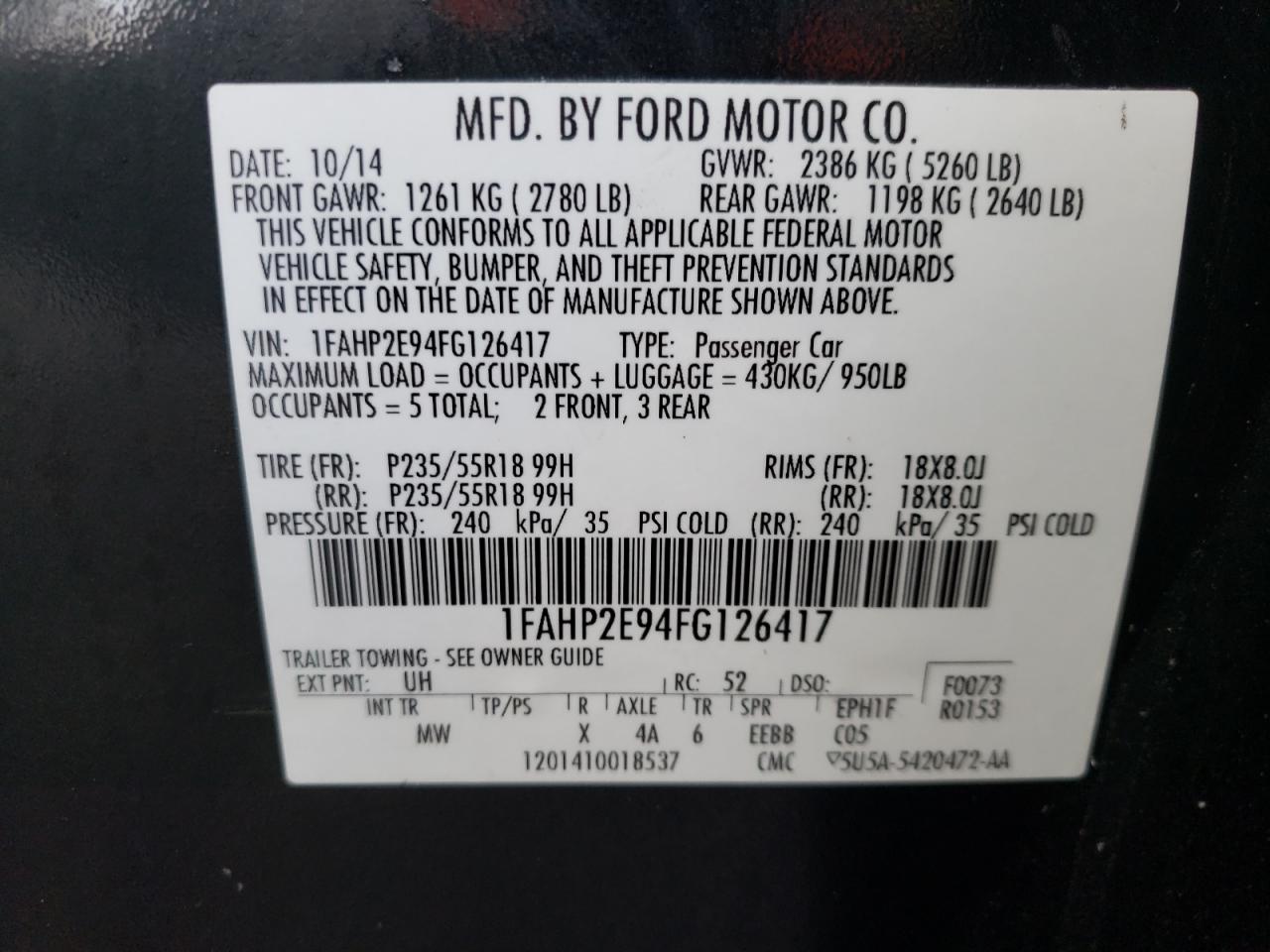 Photo 10 from auction – 2015 FORD TAURUS SEL with VIN 1FAHP2E94FG126417