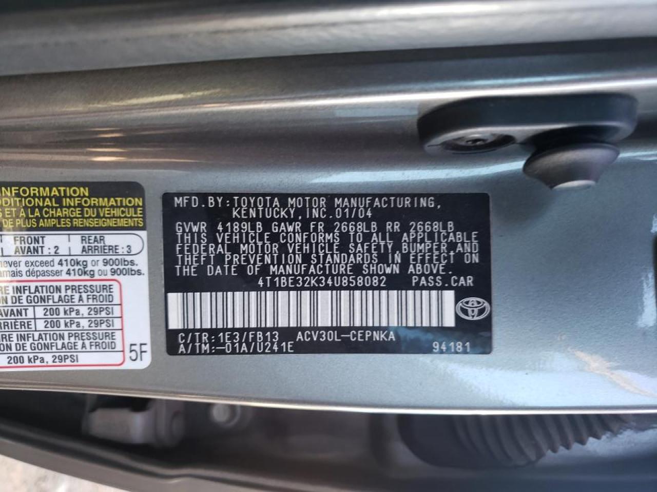 Photo 10 from auction – 2004 TOYOTA CAMRY LE with VIN 4T1BE32K34U858082