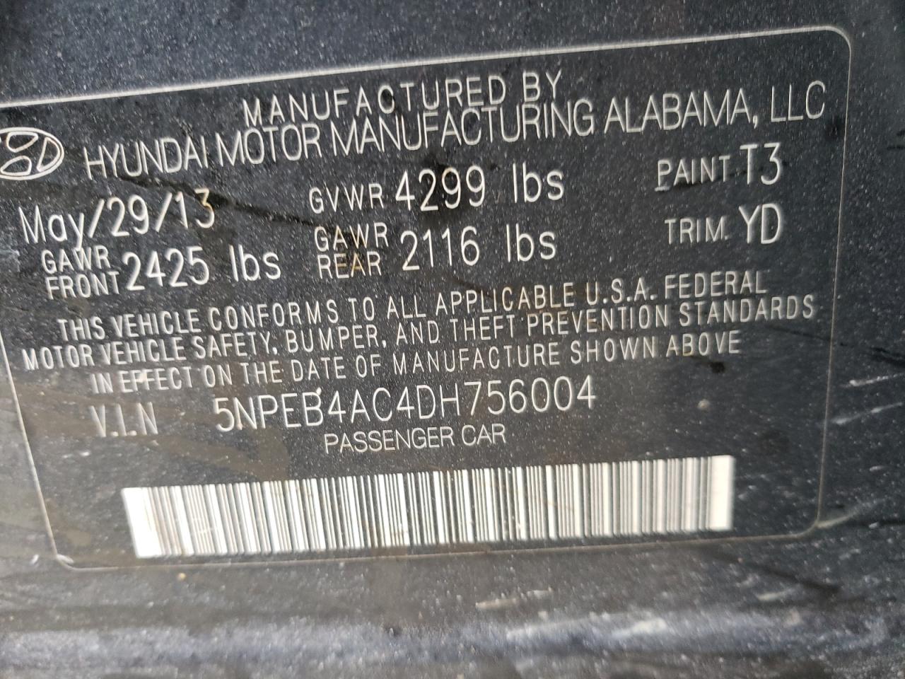 Photo 10 from auction – 2013 HYUNDAI SONATA GLS with VIN 5NPEB4AC4DH756004