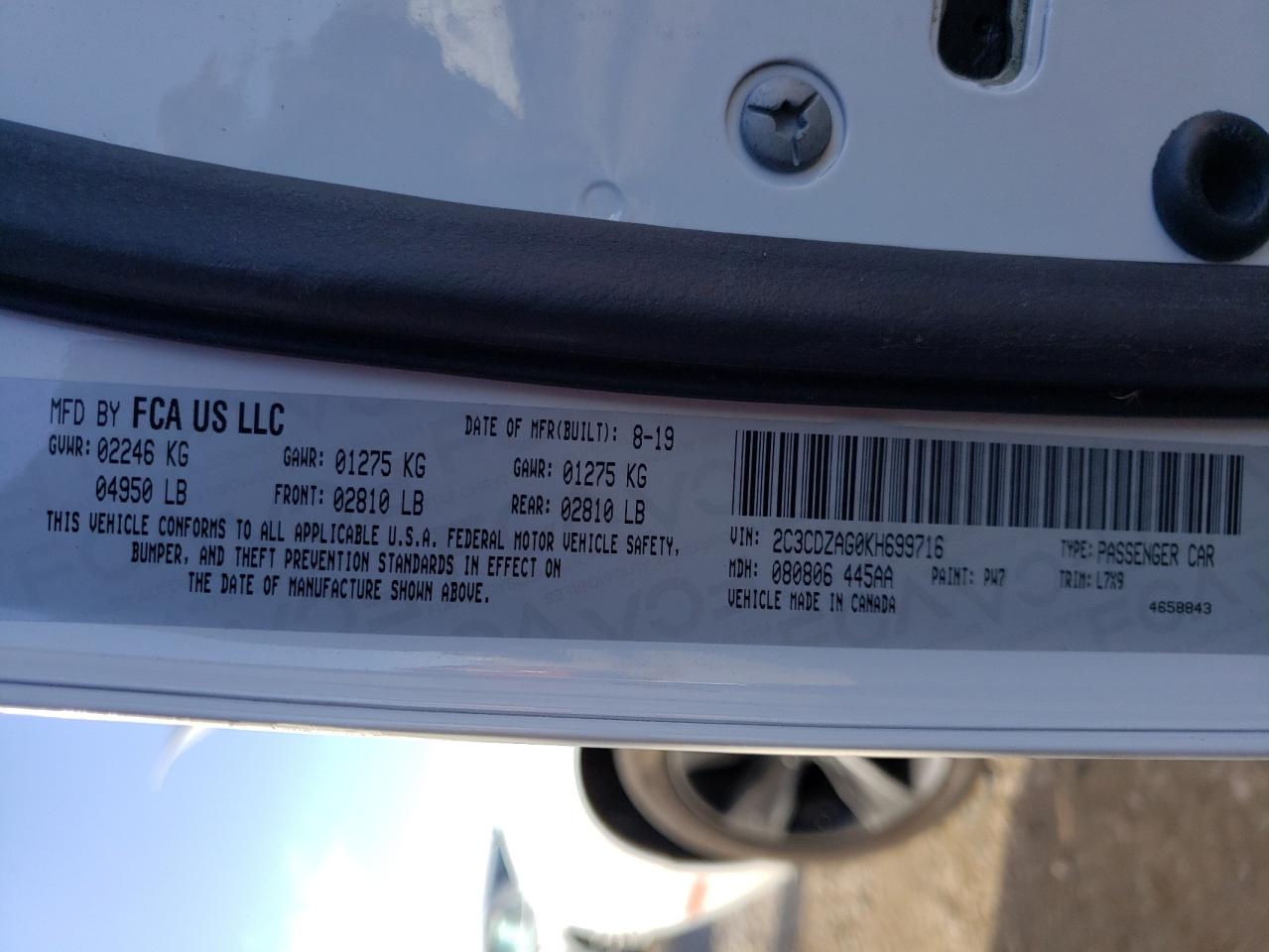 Photo 10 from auction – 2019 DODGE CHALLENGER with VIN 2C3CDZAG0KH699716