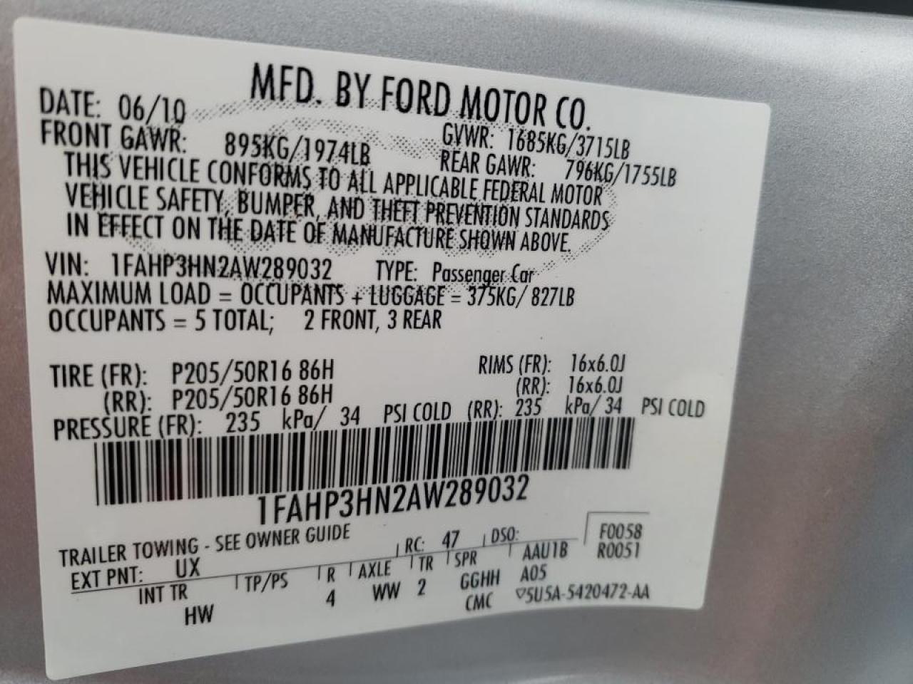Photo 10 from auction – 2010 FORD FOCUS SEL with VIN 1FAHP3HN2AW289032