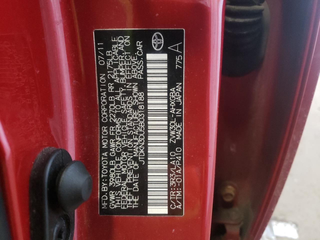 Photo 10 from auction – 2011 TOYOTA PRIUS with VIN JTDKN3DU5B0318188