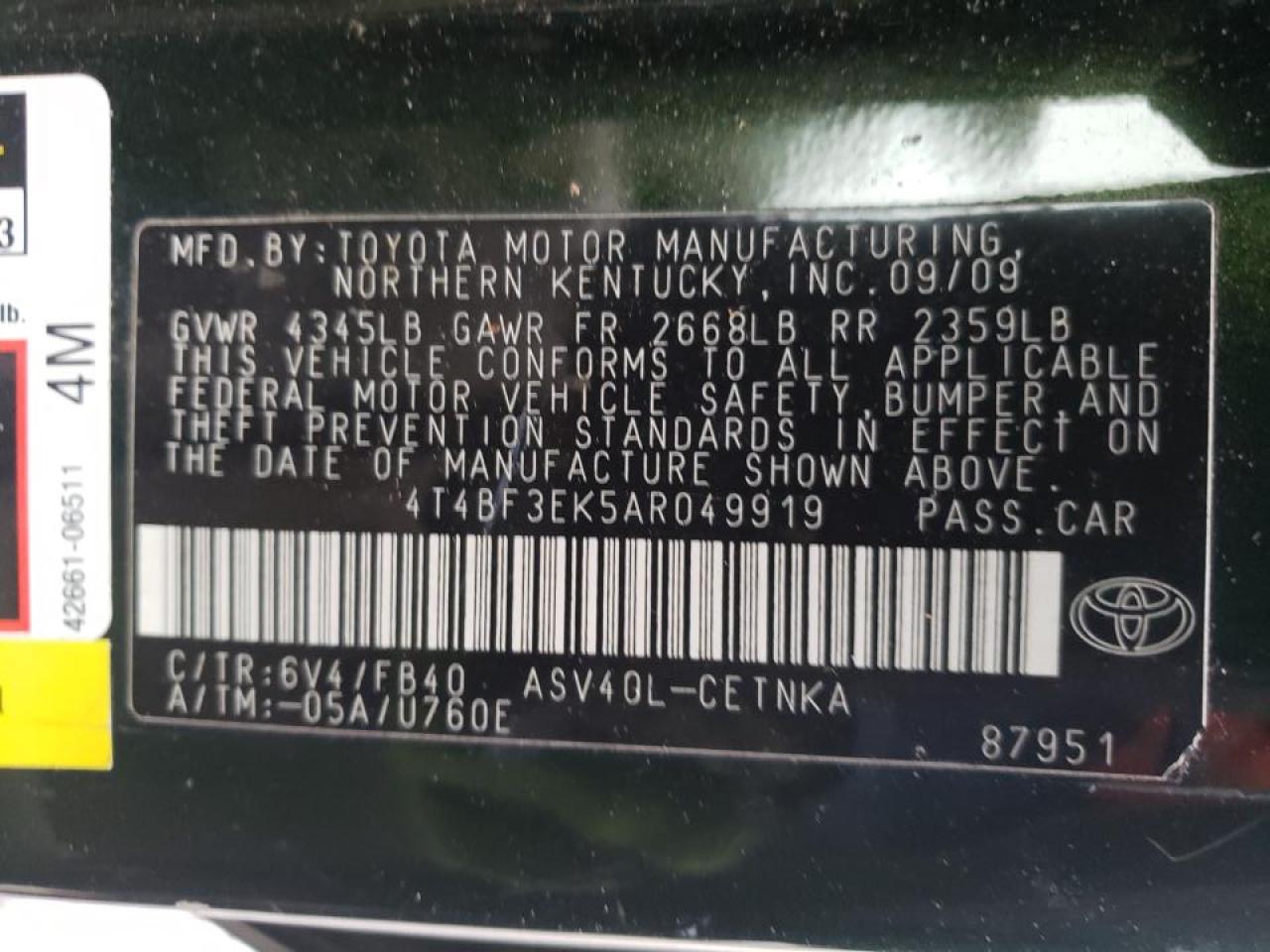 Photo 10 from auction – 2010 TOYOTA CAMRY BASE with VIN 4T4BF3EK5AR049919