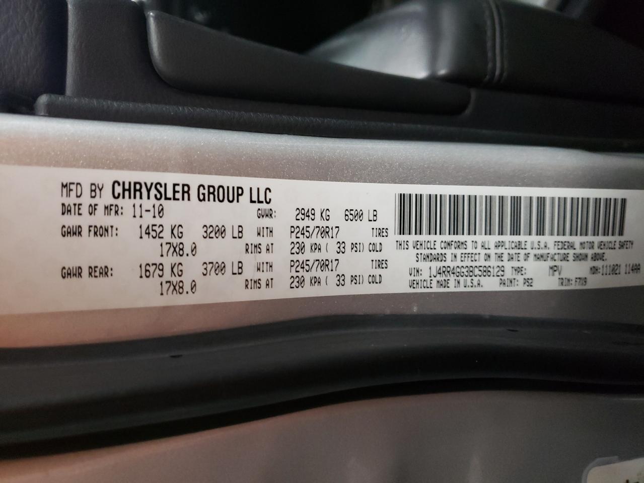 Photo 10 from auction – 2011 JEEP GRAND CHER with VIN 1J4RR4GG3BC586129