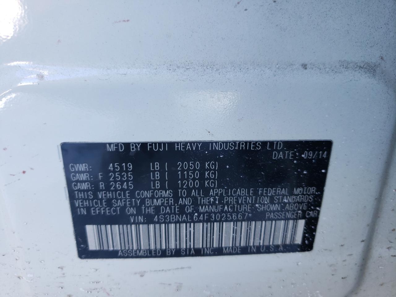 Photo 10 from auction – 2015 SUBARU LEGACY 2.5 with VIN 4S3BNAL64F3025667