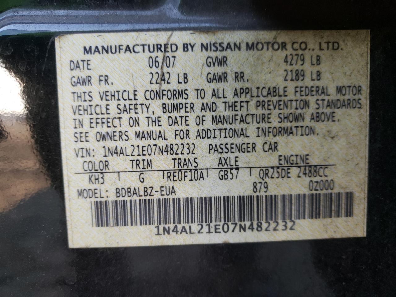 Photo 10 from auction – 2007 NISSAN ALTIMA 2.5 with VIN 1N4AL21E07N482232