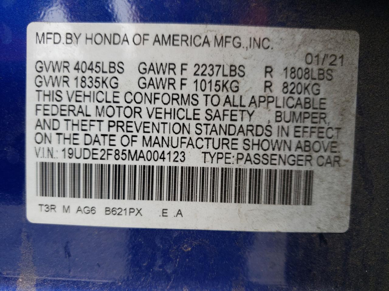 Photo 10 from auction – 2021 ACURA ILX PREMIU with VIN 19UDE2F85MA004123