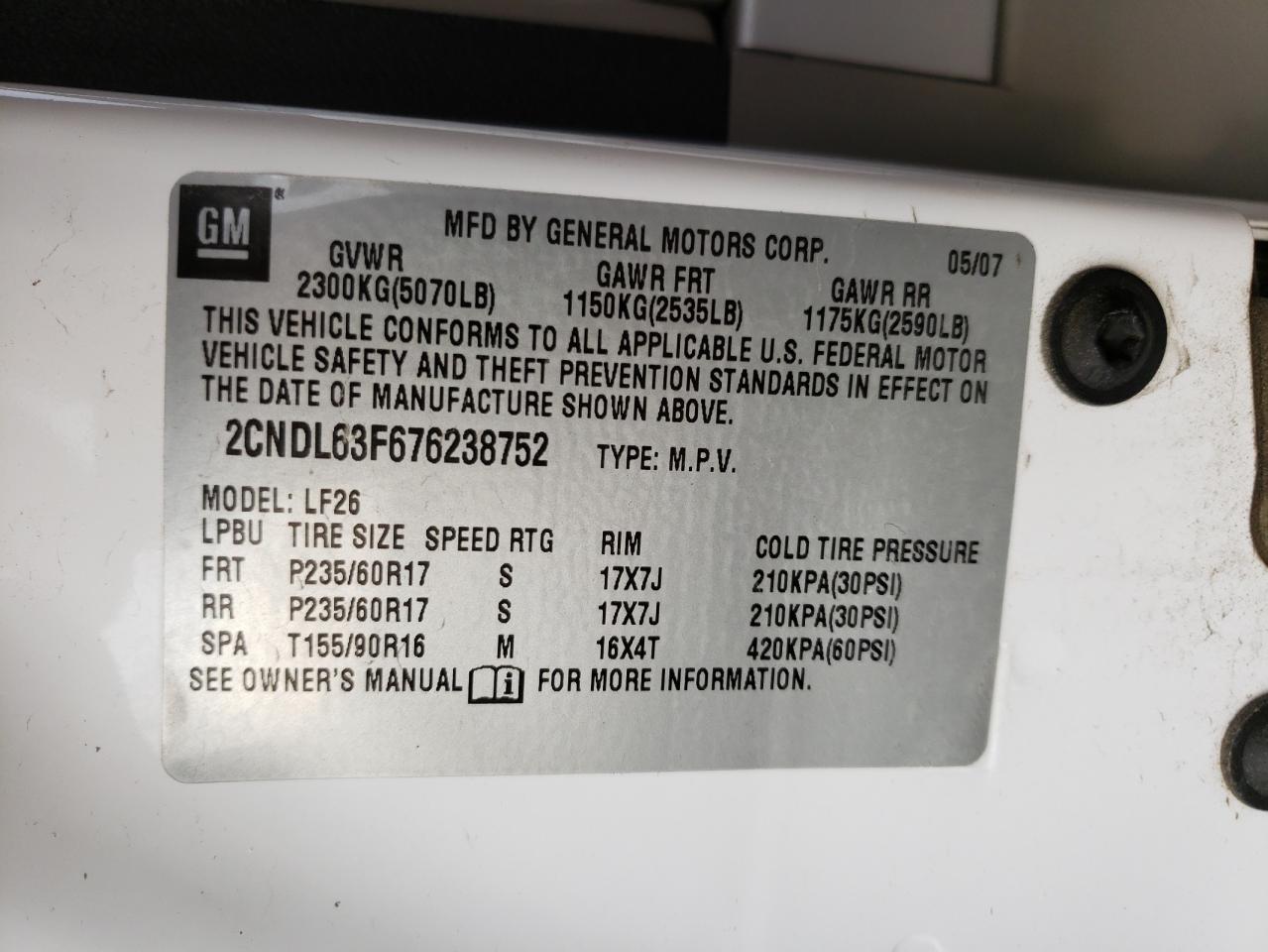 Photo 10 from auction – 2007 CHEVROLET EQUINOX with VIN 2CNDL63F676238752